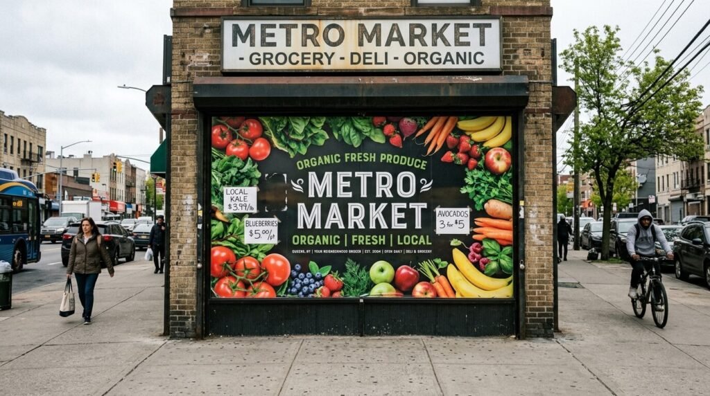 organic market storefront window wrap signage nyc sign company