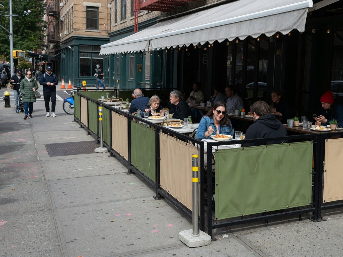 Cafe sidewalk barriers at Brooklyn outdoor restaurant terrace