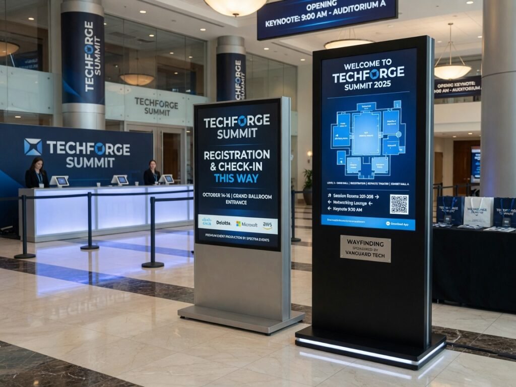 Event kiosk and wayfinding signs