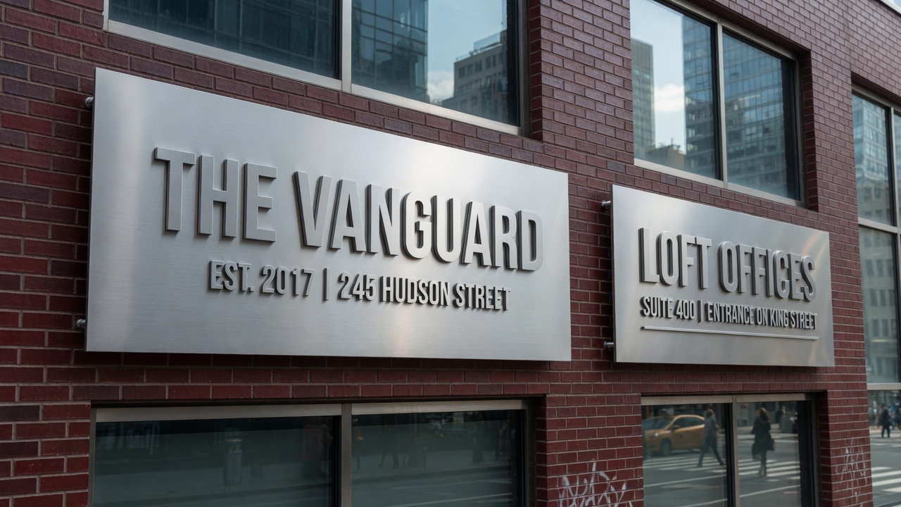 Custom metal signs NYC brushed aluminum panels on brick facade