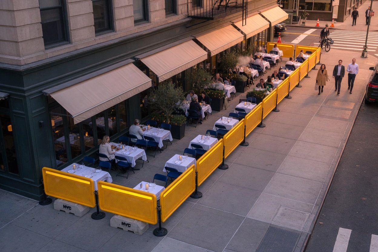 Modern sidewalk cafe barriers for outdoor cafes along NYC avenue