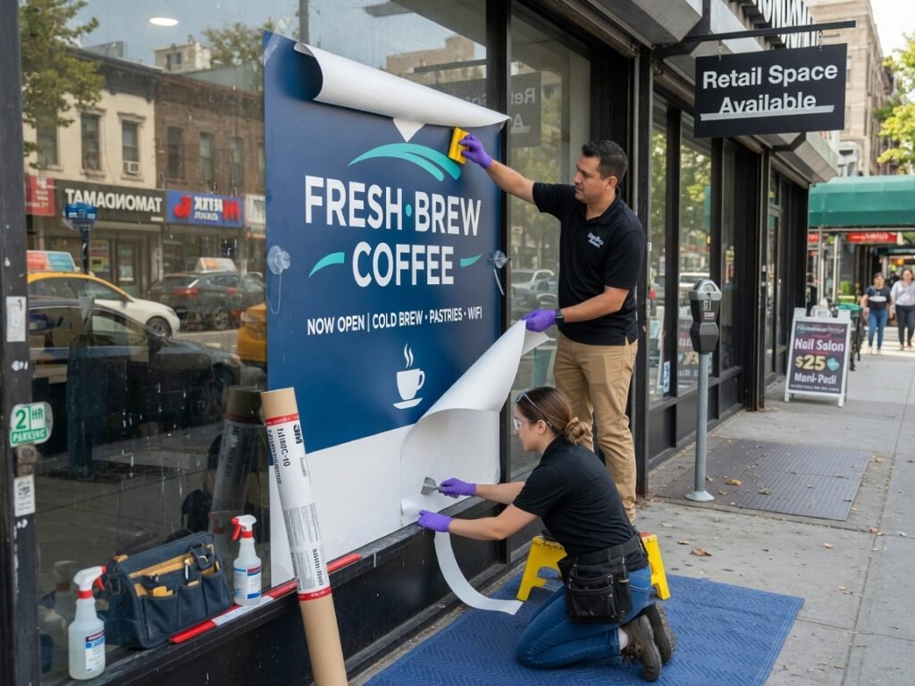 Storefront graphics installation team
