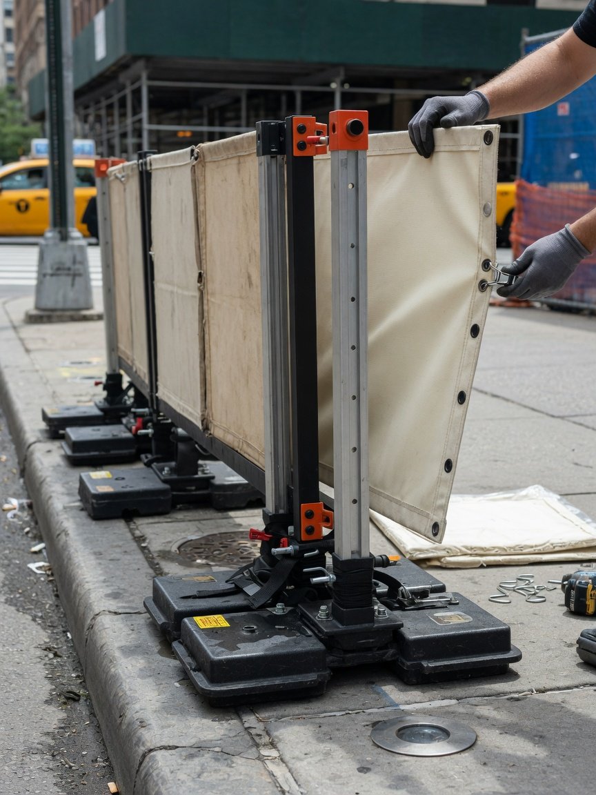 Modern modular sidewalk cafe barriers on NYC outdoor dining patio