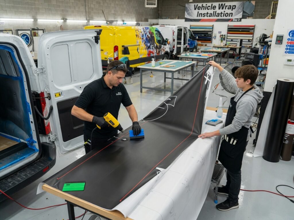 Vehicle wrap installation in wrap shop