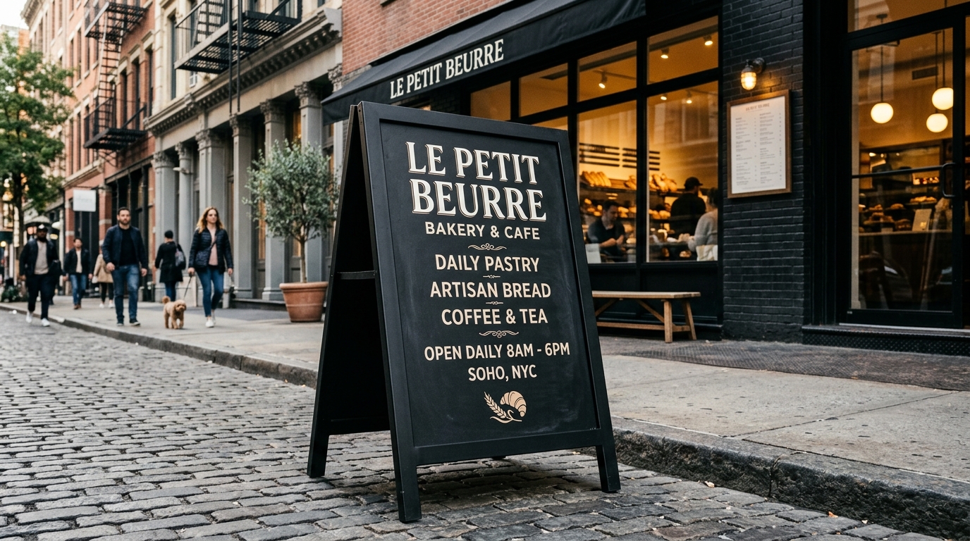 Heavy-duty matte black steel A-frame sidewalk sandwich board sign outside Soho cafe