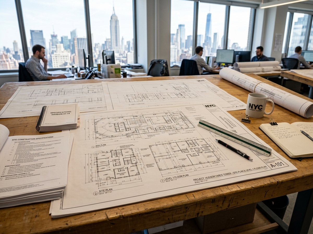 DSLR photograph of wide-format printed architectural blueprints and CAD floor plans in NYC office