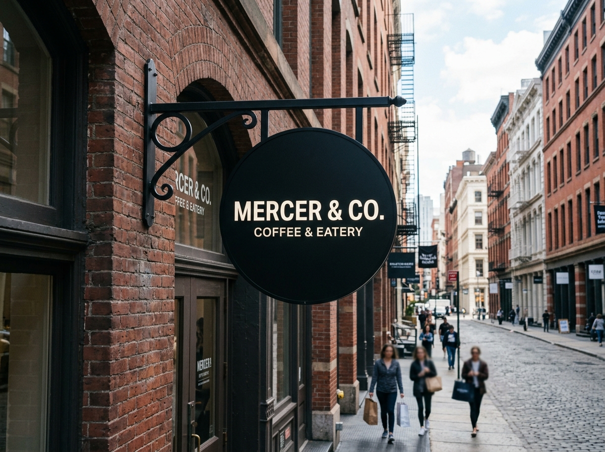 Camera photograph of custom blade signs NYC double sided projecting sign on brick storefront in Soho