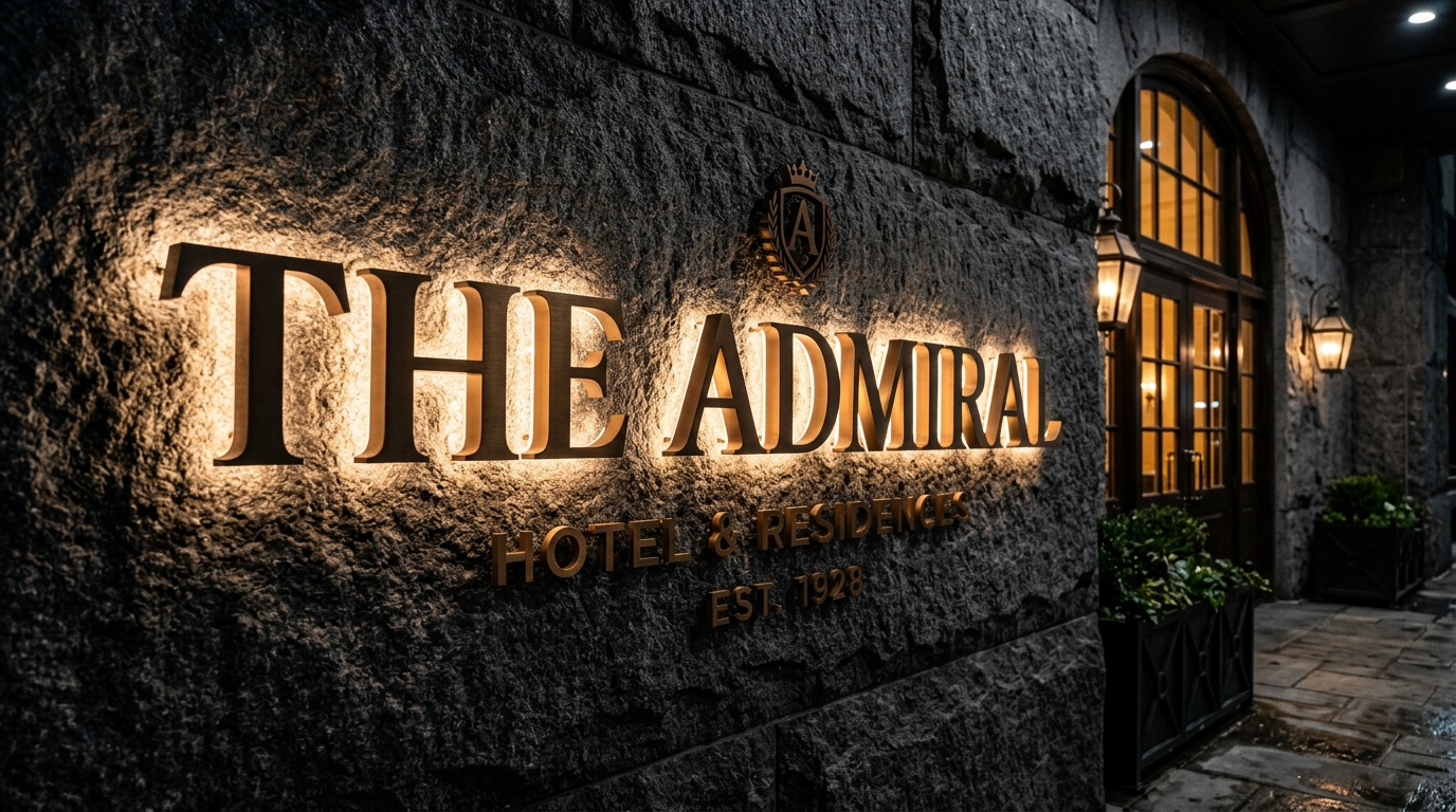 Reverse halo-lit channel letter signage on architectural granite facade