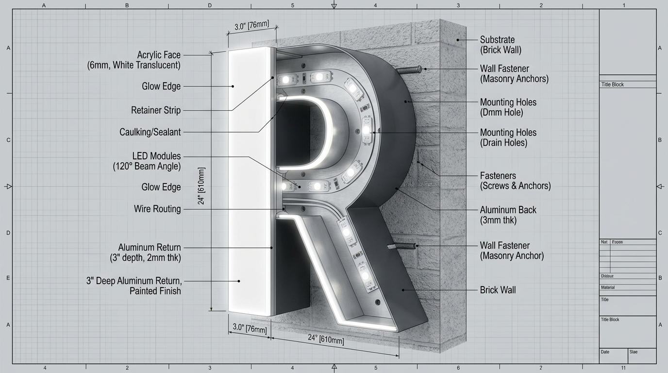 Detailed architectural cross-section diagram of aluminum return channel letter