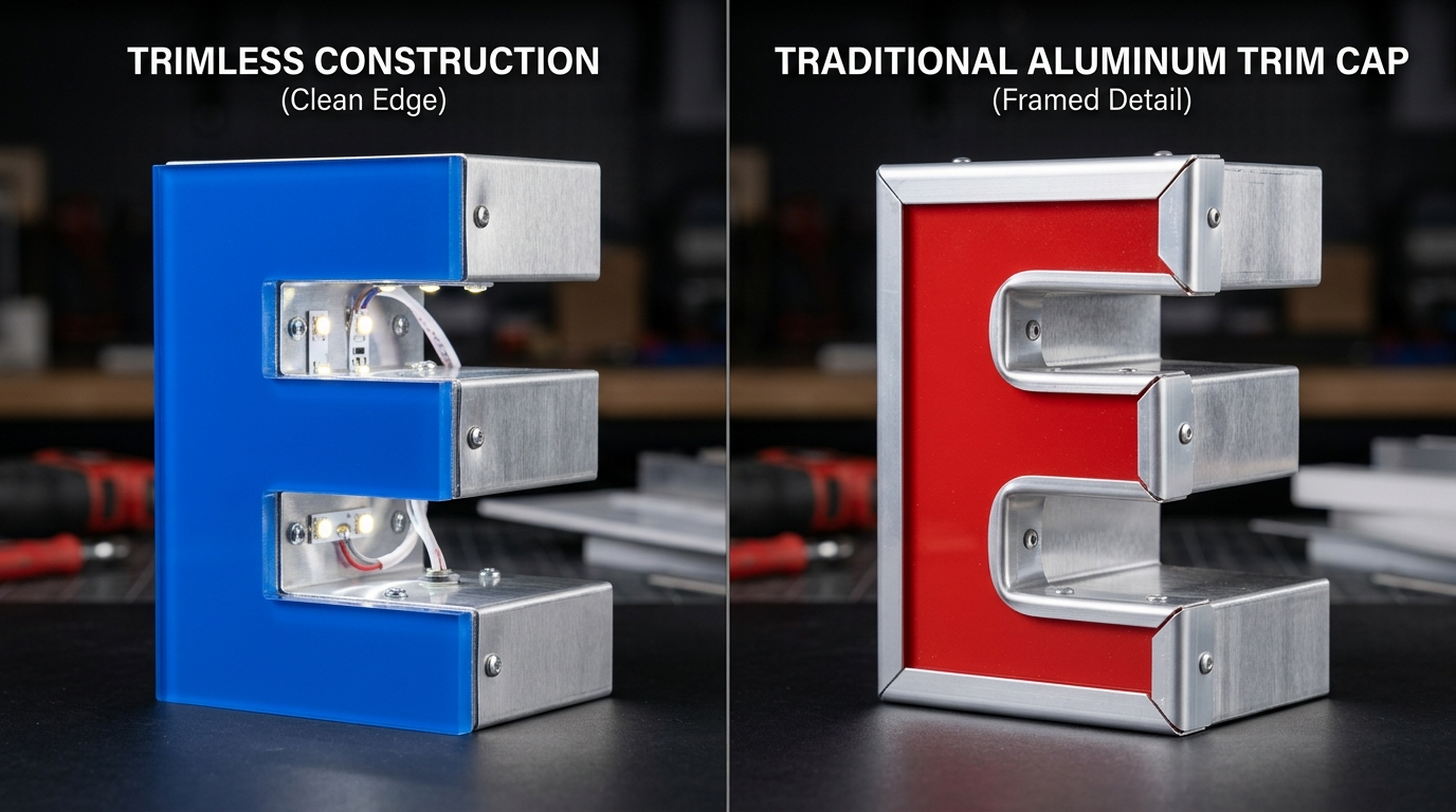 Macro comparison of trimless channel letter vs aluminum trim cap edge