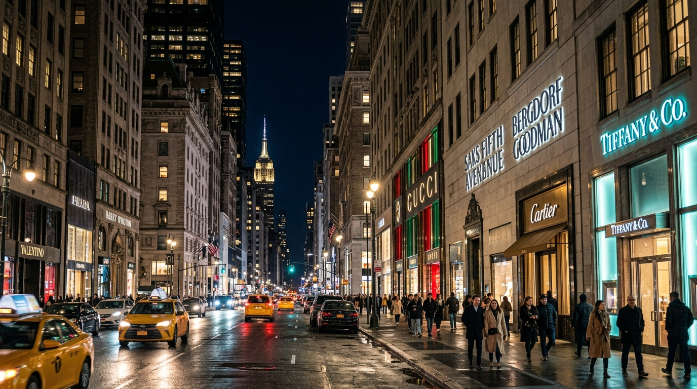 Manhattan commercial avenue at night with illuminated storefront channel letter signs