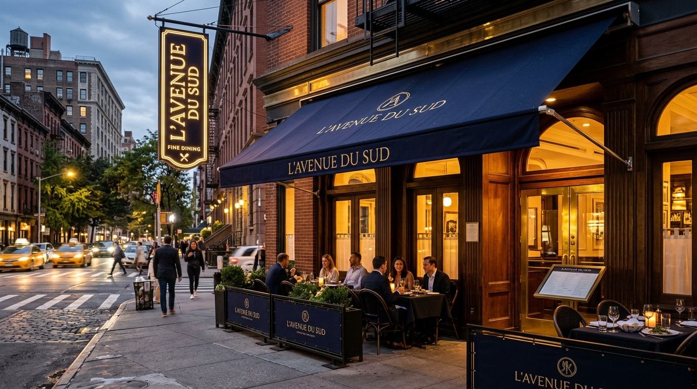 Double-sided illuminated hanging blade sign on historic red brick wall in Greenwich Village NYC