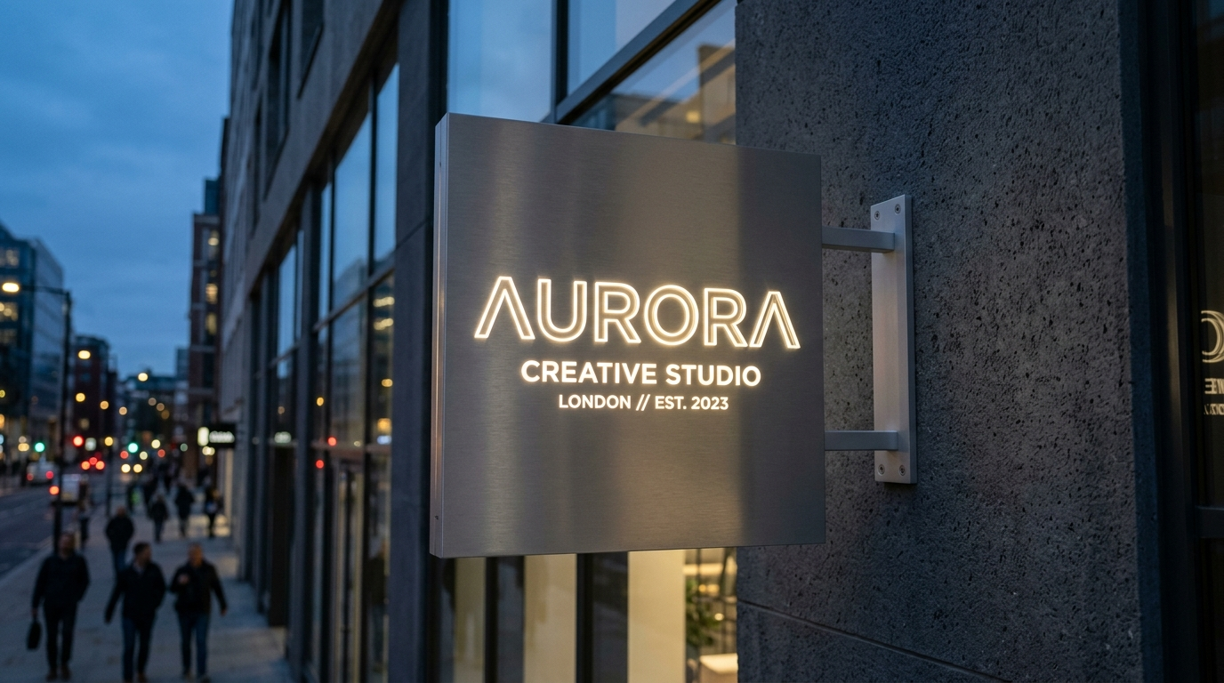 Sleek minimalist square satin aluminum blade sign with push-through acrylic lettering