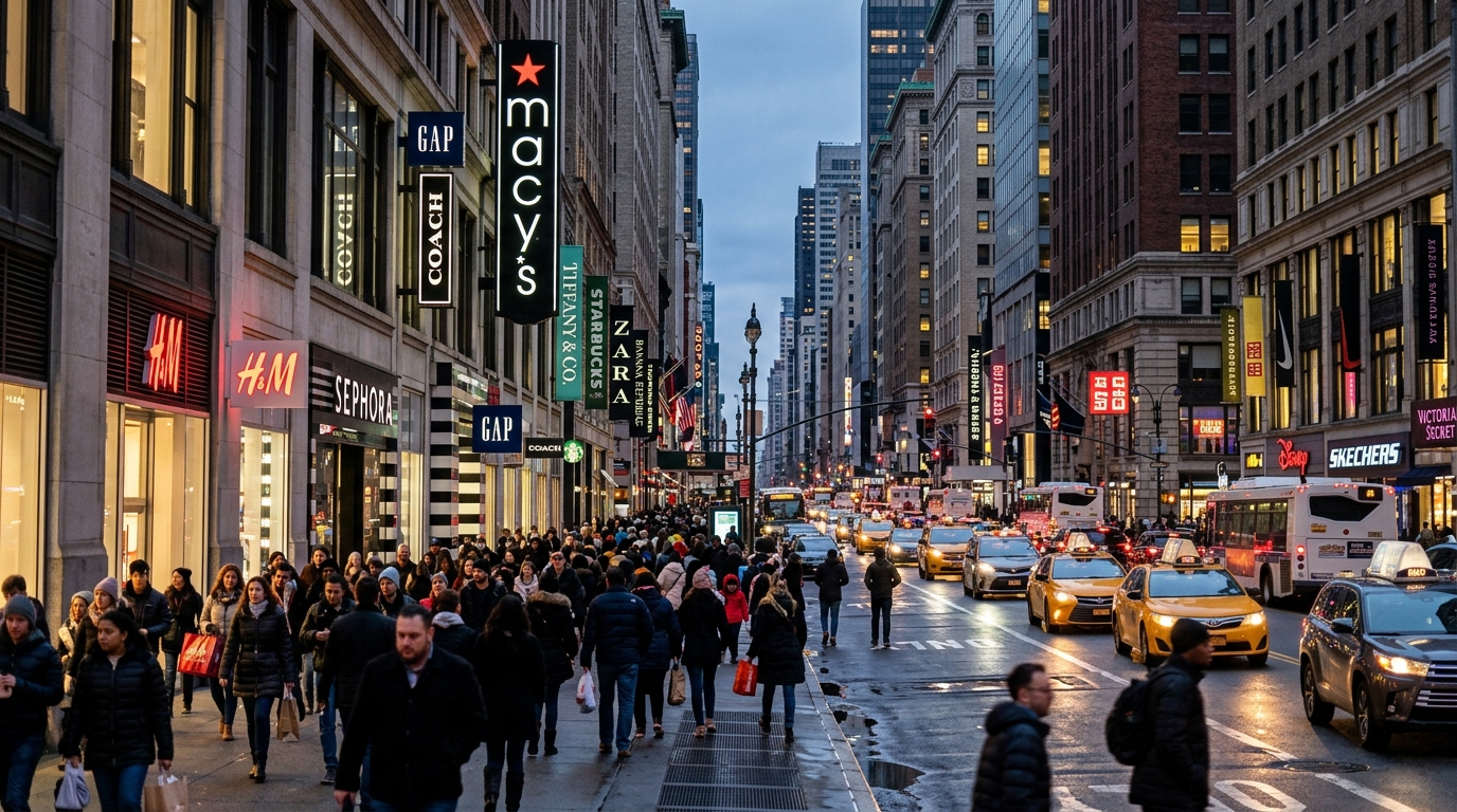 Pedestrian street perspective looking down Manhattan shopping avenue with projecting blade signs