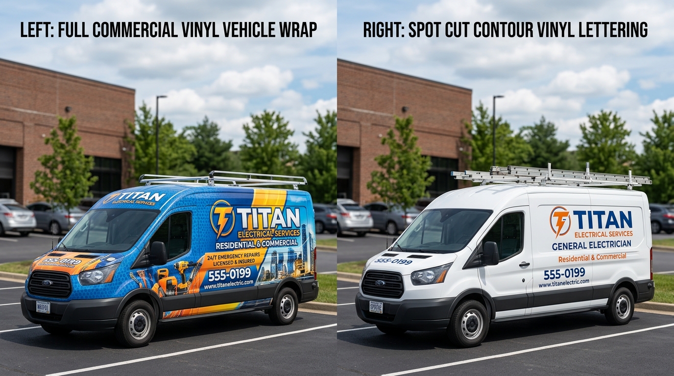 Professional vehicle wrap technician using heat gun and squeegee over vehicle curves
