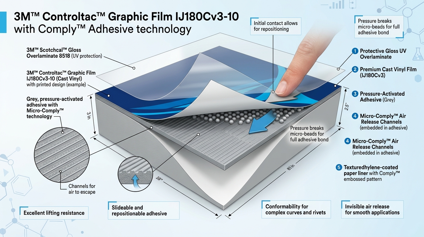 3D diagram of 3M IJ180Cv3 cast vinyl layers with air release channels and UV laminate