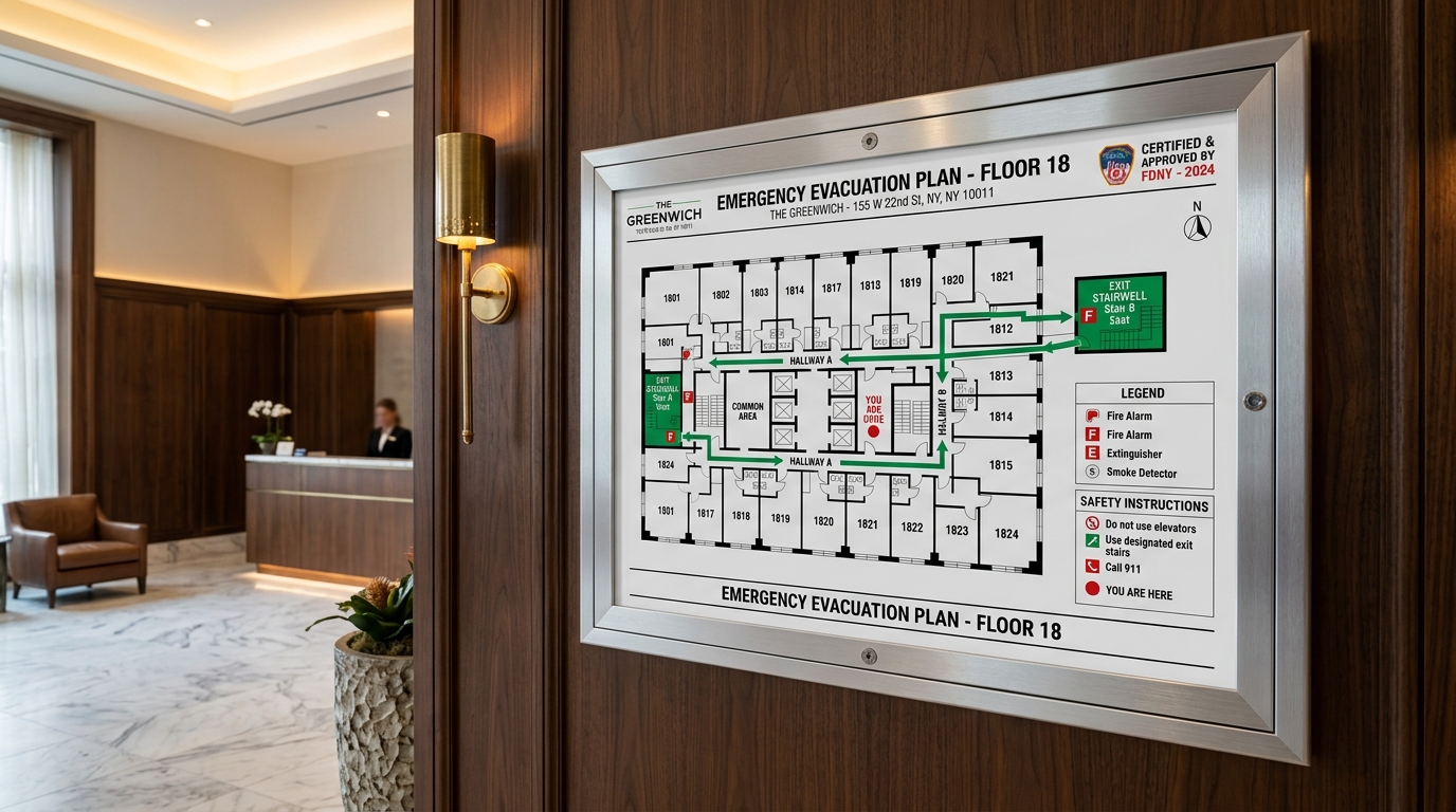 Certified architectural emergency egress floor evacuation map in brushed aluminum security frame