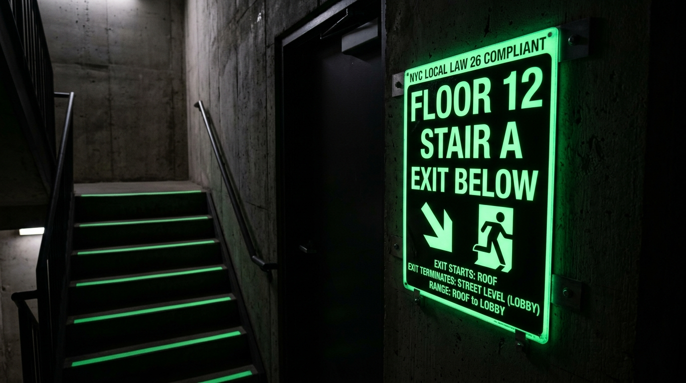 NYC Local Law 26 compliant photoluminescent glow in the dark stairwell floor sign
