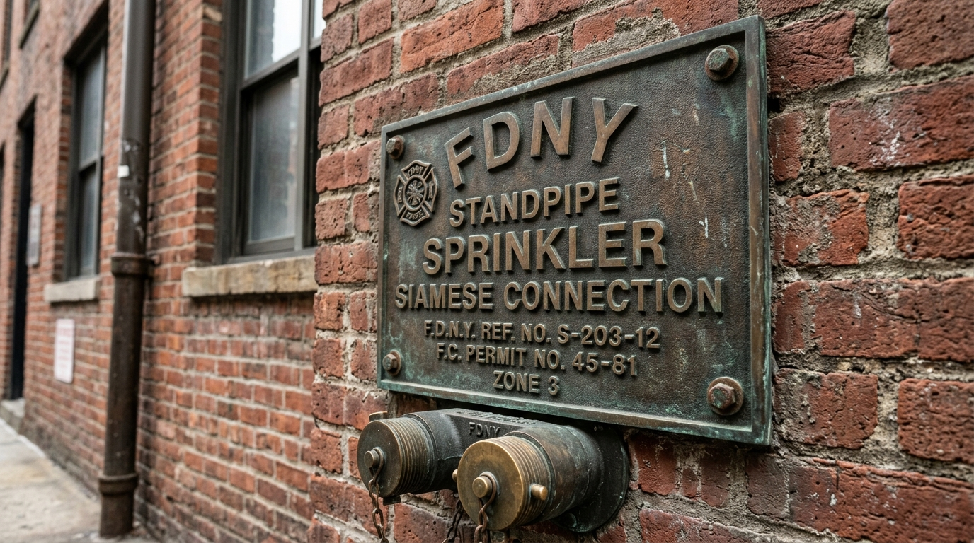 Cast bronze FDNY standpipe and sprinkler Siamese connection identification plaque
