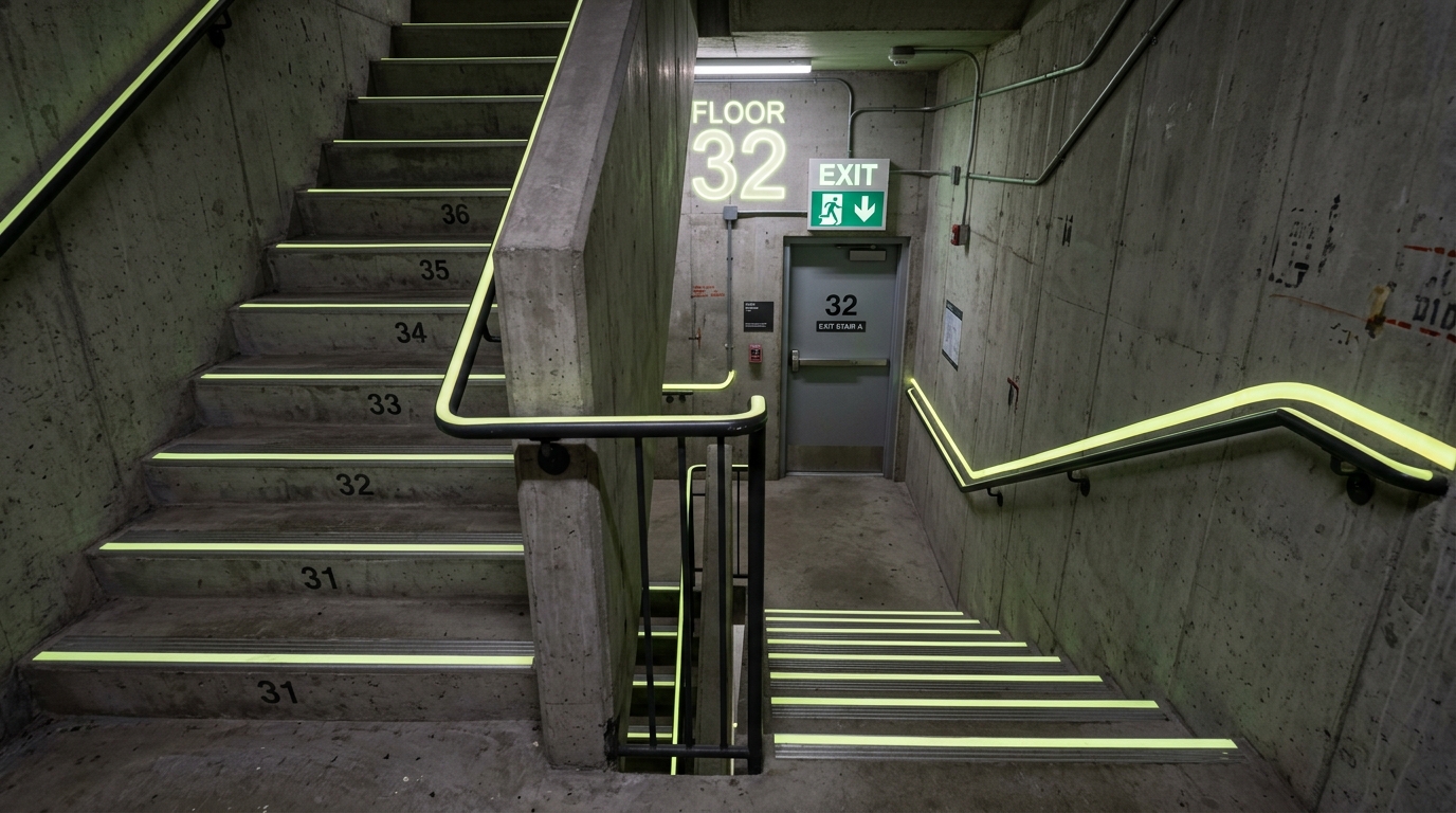 Modern NYC high-rise concrete emergency stairwell with continuous photoluminescent pathway markers