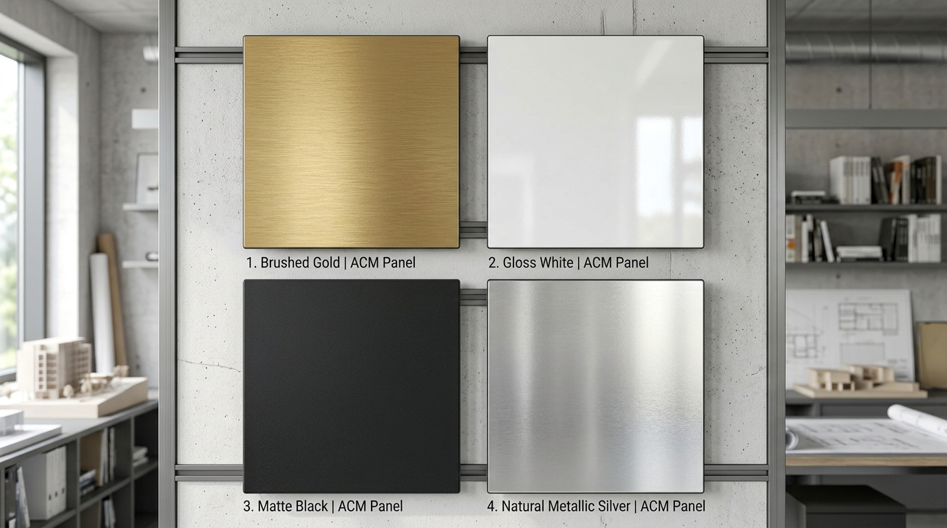 Material sample board displaying brushed brass, satin aluminum, and black bronze finish letters