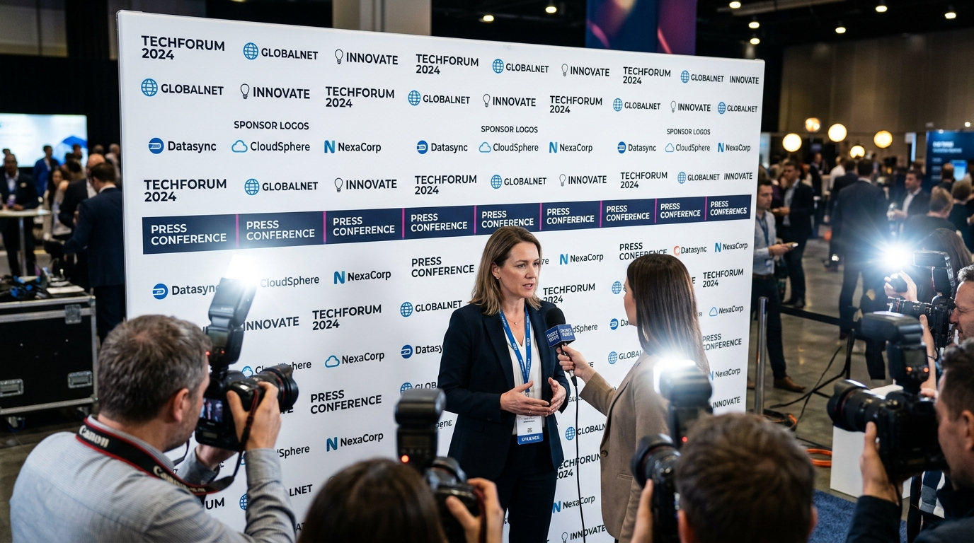 New York Fashion Week VIP media arrivals area with step and repeat wall and press risers