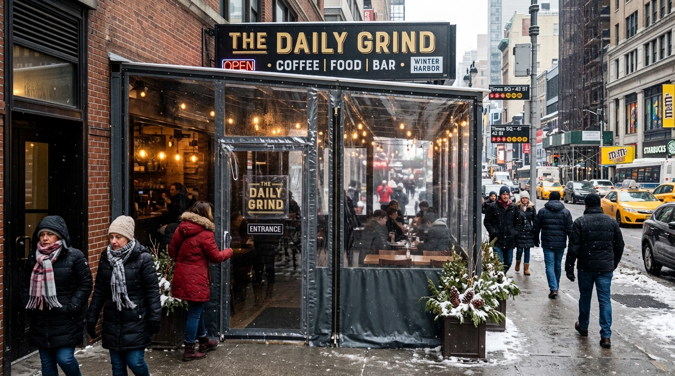 Custom black Sunbrella commercial storefront awning with crisp white branding in Soho NYC