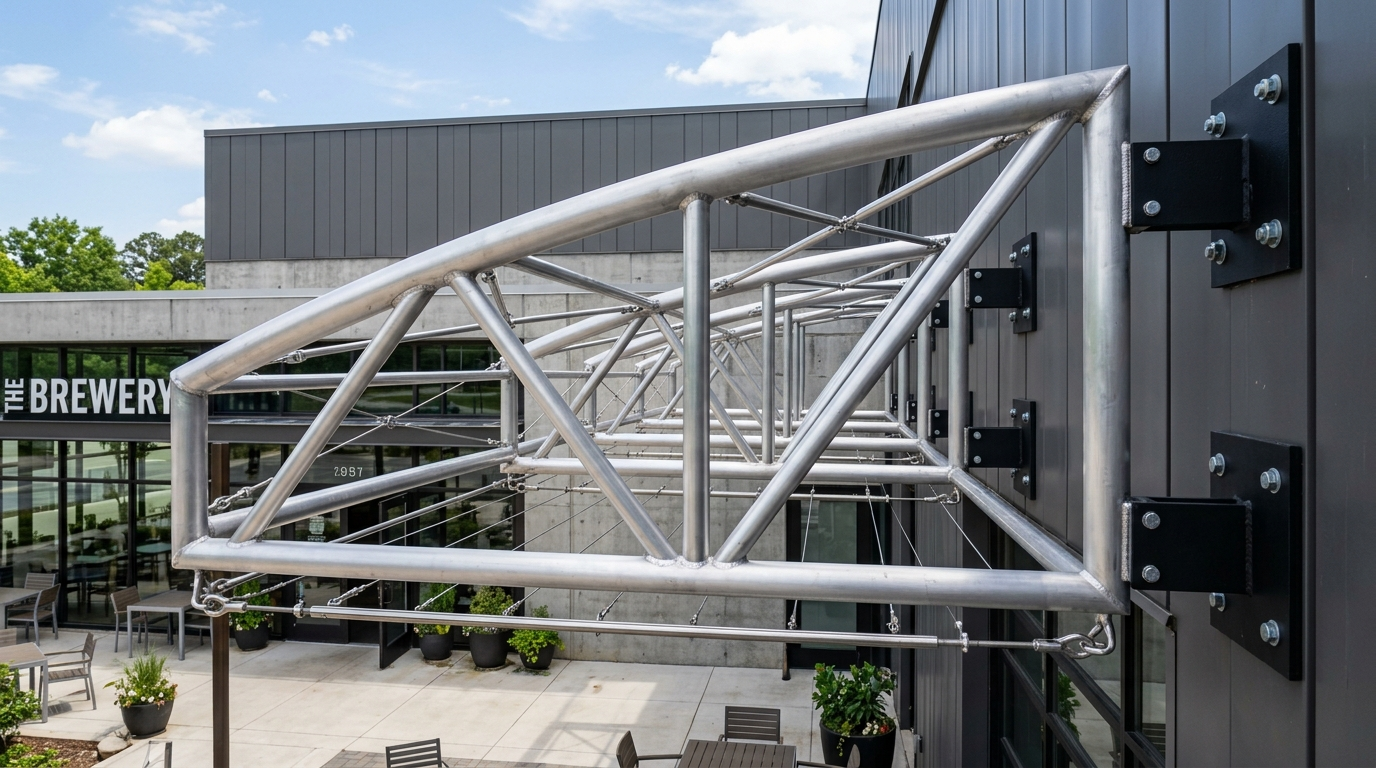 Structural welded tubular aluminum awning truss frame with tension lace bars