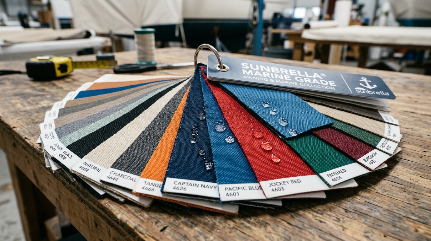 Marine grade Sunbrella awning fabric swatch fan displaying rich woven colors