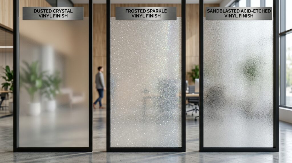 Architectural frosted privacy window film with geometric gradient pattern on glass conference room