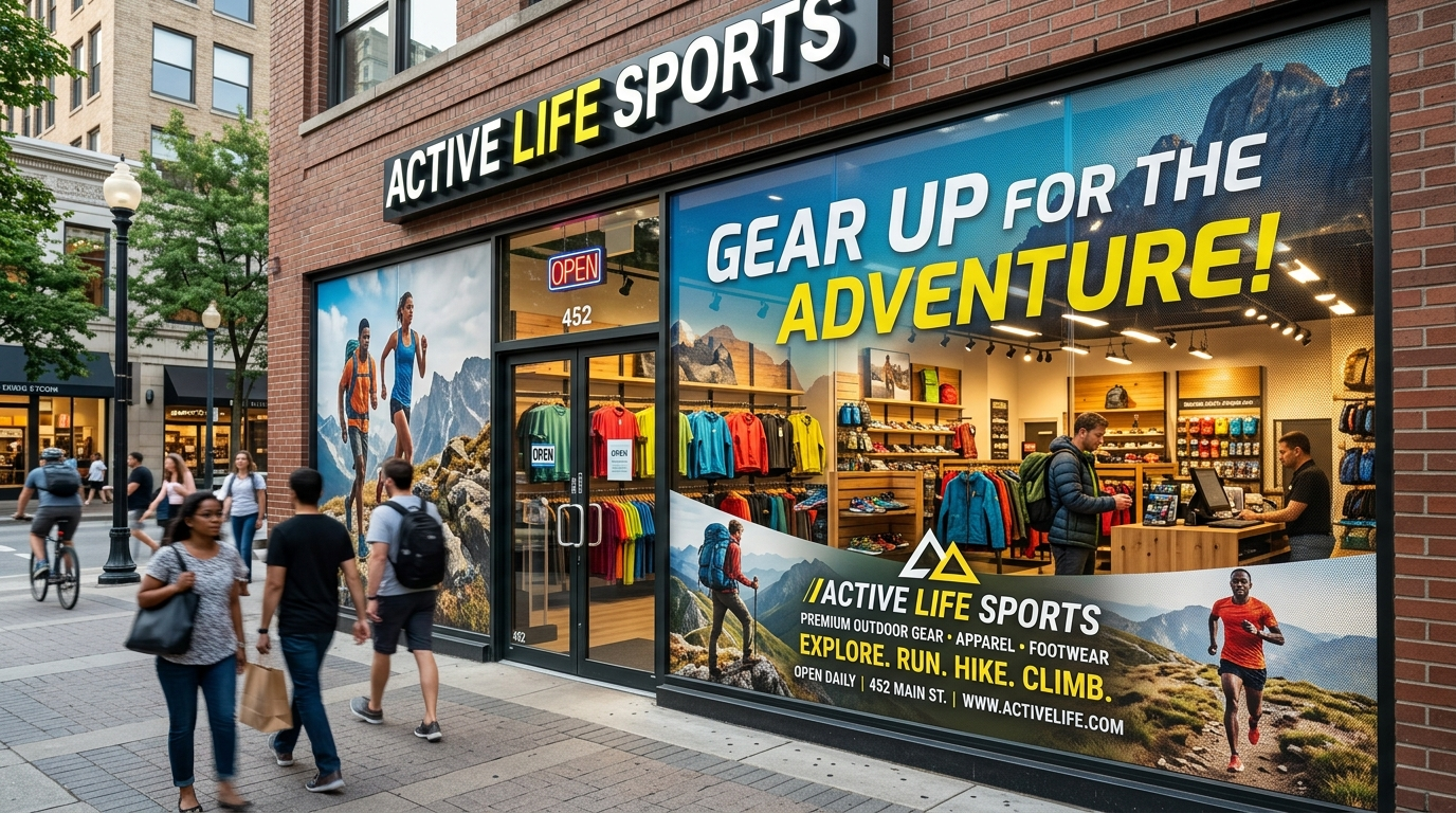 Retail storefront with full-color perforated 60/40 one-way vision window graphics