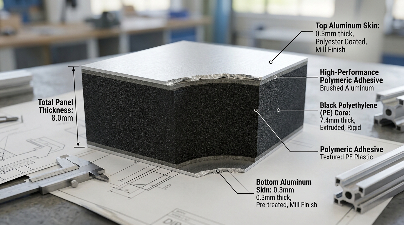 Photorealistic 3D cross-section diagram of Dibond panel showing dual aluminum skins and core