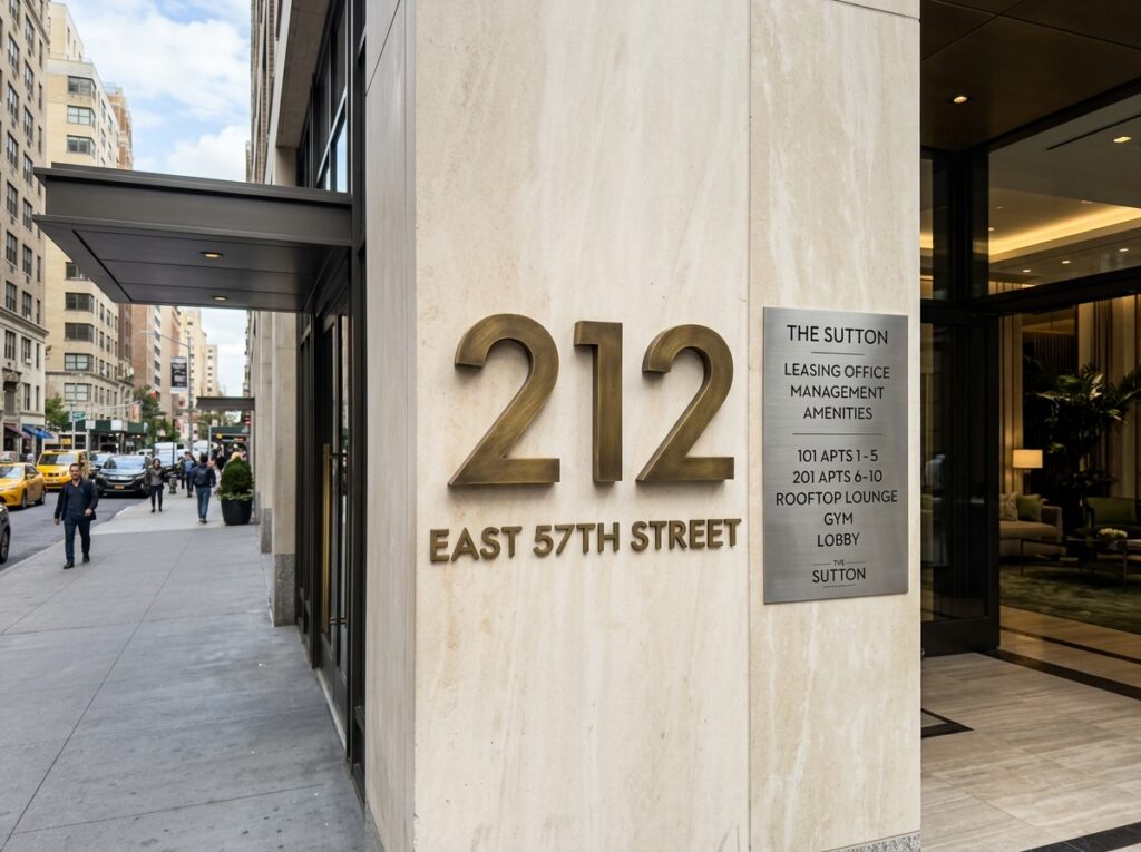 Camera photograph of custom building signs NYC brass address numbers and directory on Manhattan facade