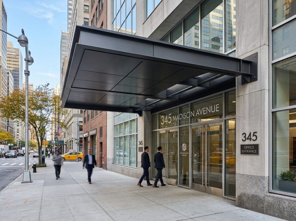 Commercial metal awning NYC building entrance