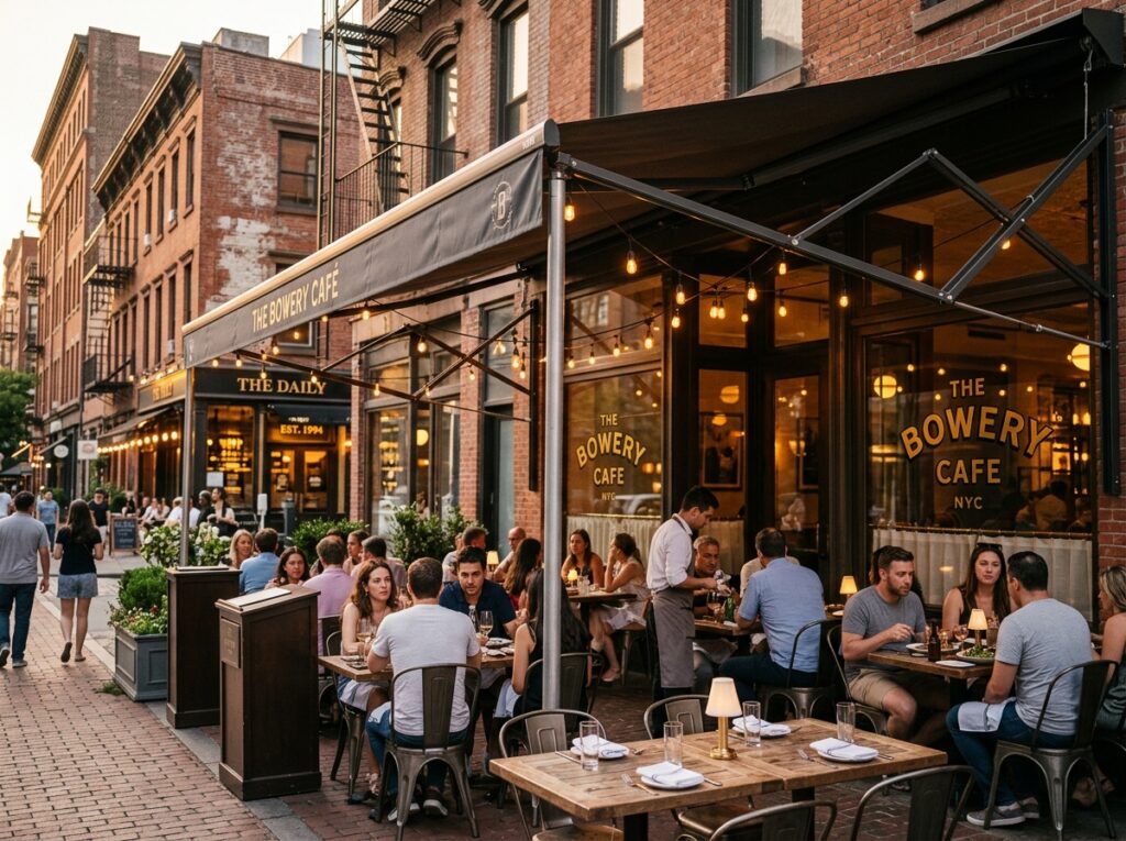 Commercial retractable awning restaurant outdoor dining NYC