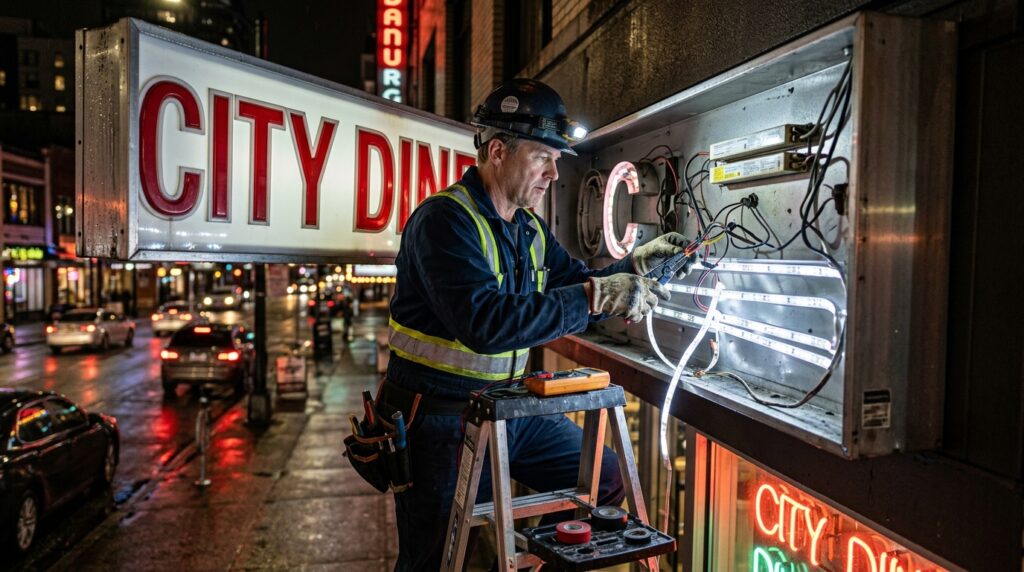 Skilled commercial sign technician repairing illuminated storefront lightbox electrical wiring and LEDs