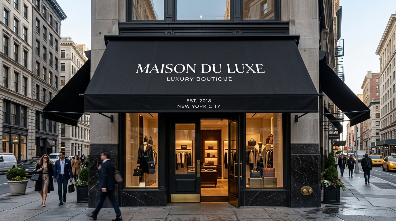 Custom black fabric commercial storefront awning with clean white branding over boutique entrance
