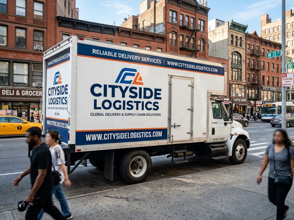 Commercial box truck with high-resolution custom vinyl vehicle wrap parked in New York City