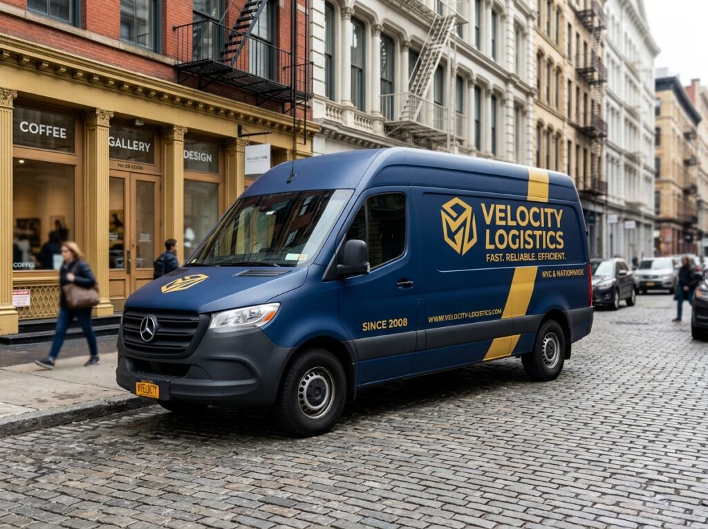 Camera photograph of custom commercial van wrap on Mercedes Sprinter in Soho Manhattan NYC