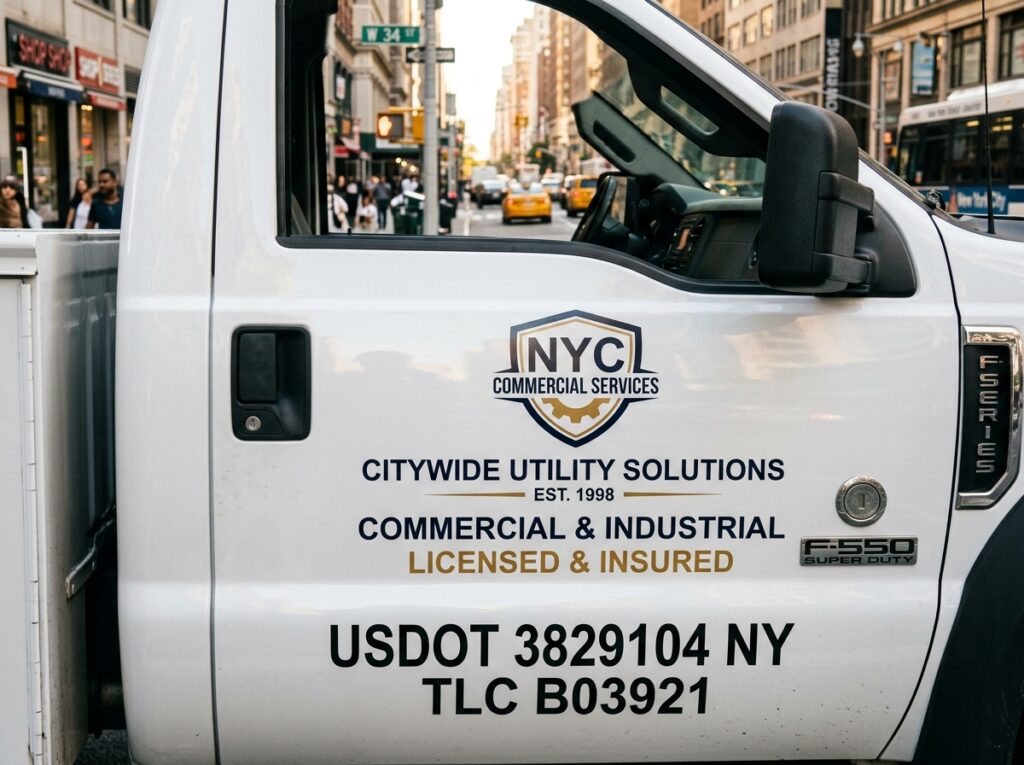 Commercial service truck door featuring die-cut vinyl lettering and regulation USDOT TLC compliance numbers in NYC