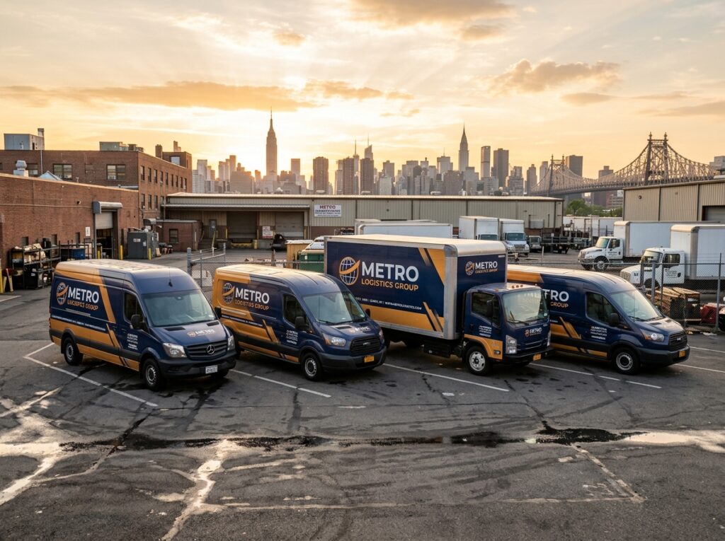 Commercial fleet of vans and box trucks with matching corporate vehicle wraps in Queens New York