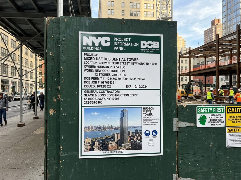 Camera photograph of official NYC DOB Project Information Panel on green construction fence in Manhattan NYC