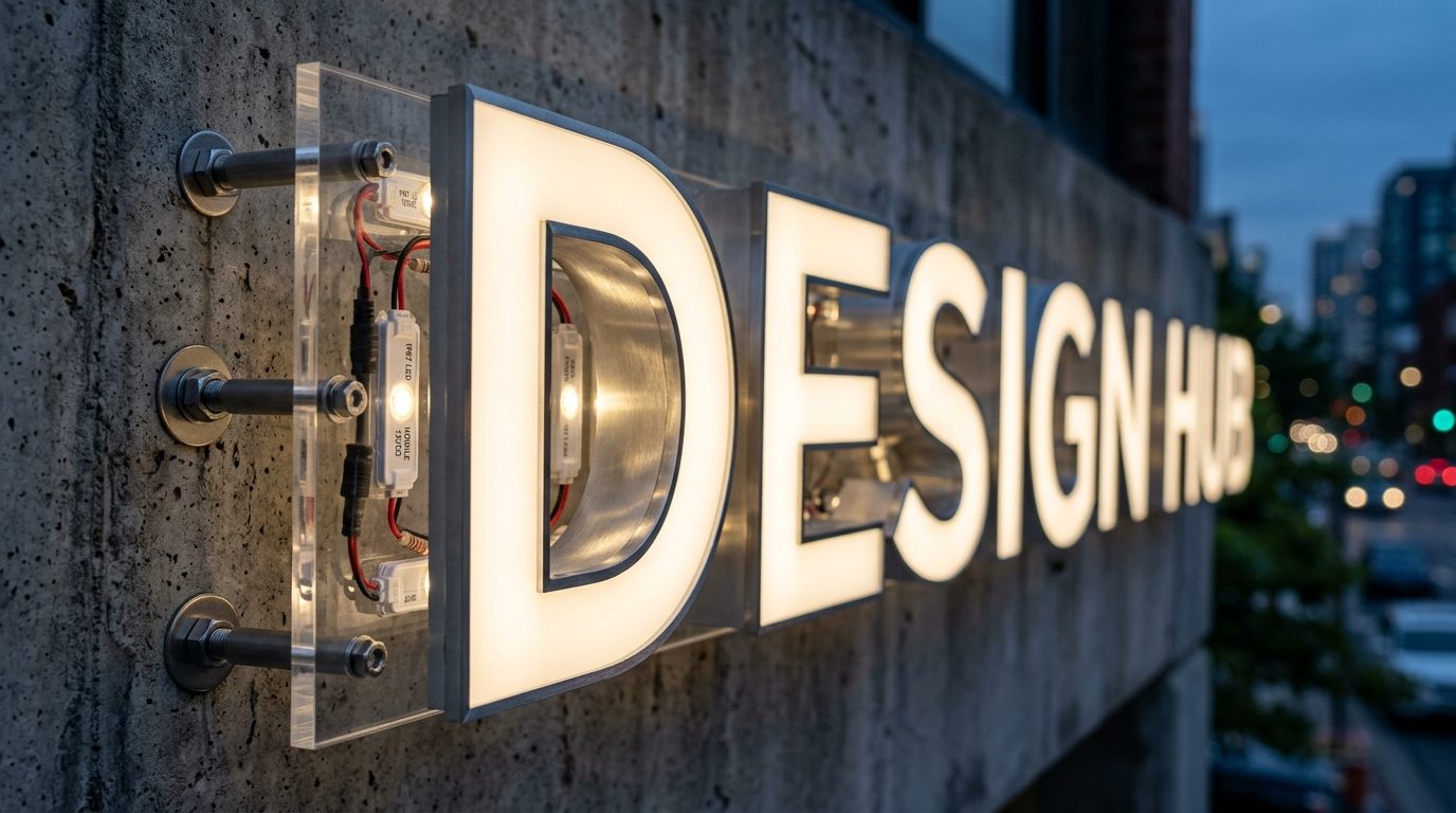 Custom font 3D channel lettering with LED flex neon tubing on rustic brick wall in DUMBO Brooklyn