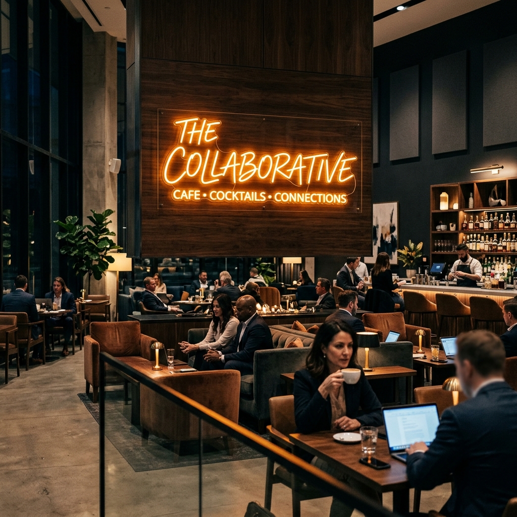 camera clicked custom handcrafted warm neon LED sign glowing in modern upscale corporate cafe lounge