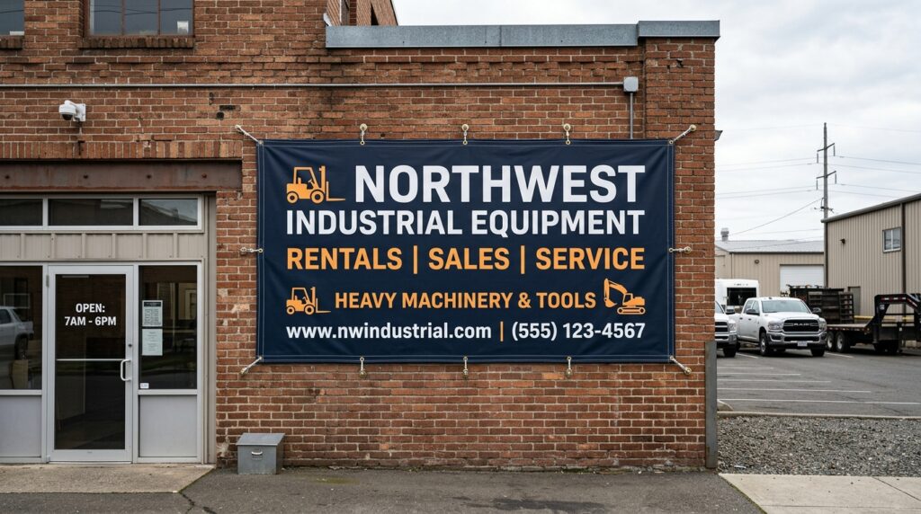 Heavy-duty 18oz matte vinyl outdoor banner with reinforced stitched hems and brass grommets on brick facade