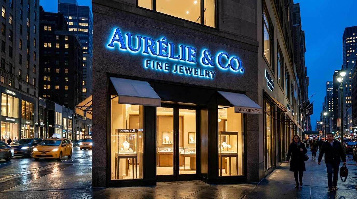 Day/night channel letters appearing dark black by day and glowing bright white under night LED illumination in Midtown NYC