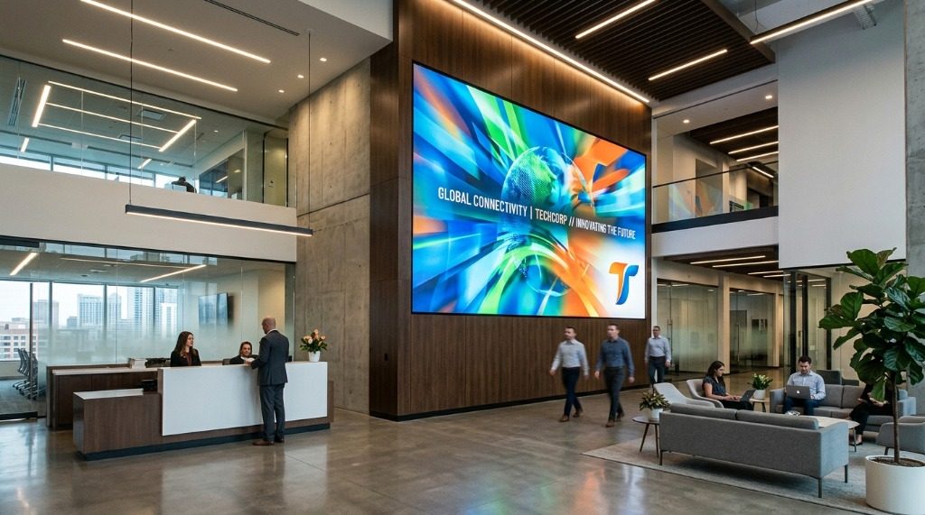 Large format illuminated tension fabric SEG backlit wall display in modern corporate lobby