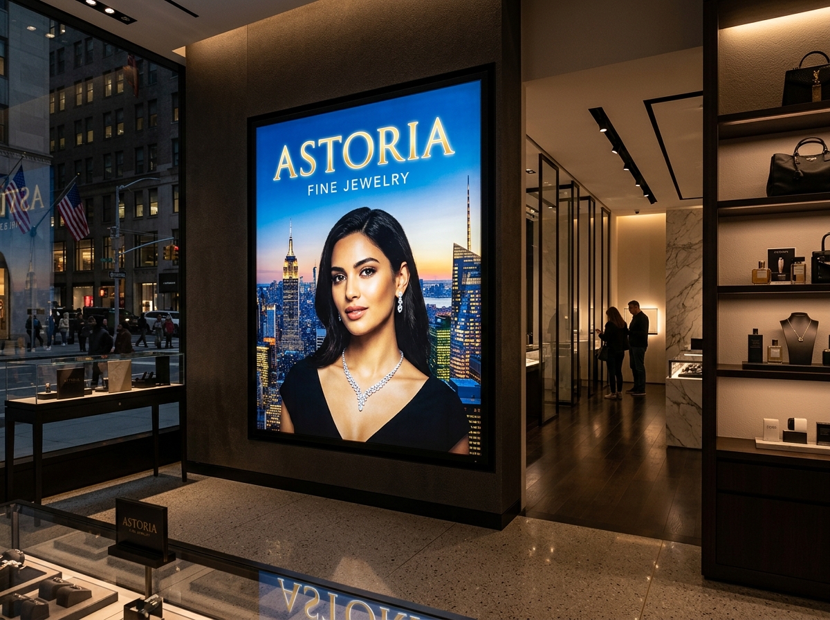 Camera photograph of custom Duratrans printing NYC retail lightbox film in luxury store