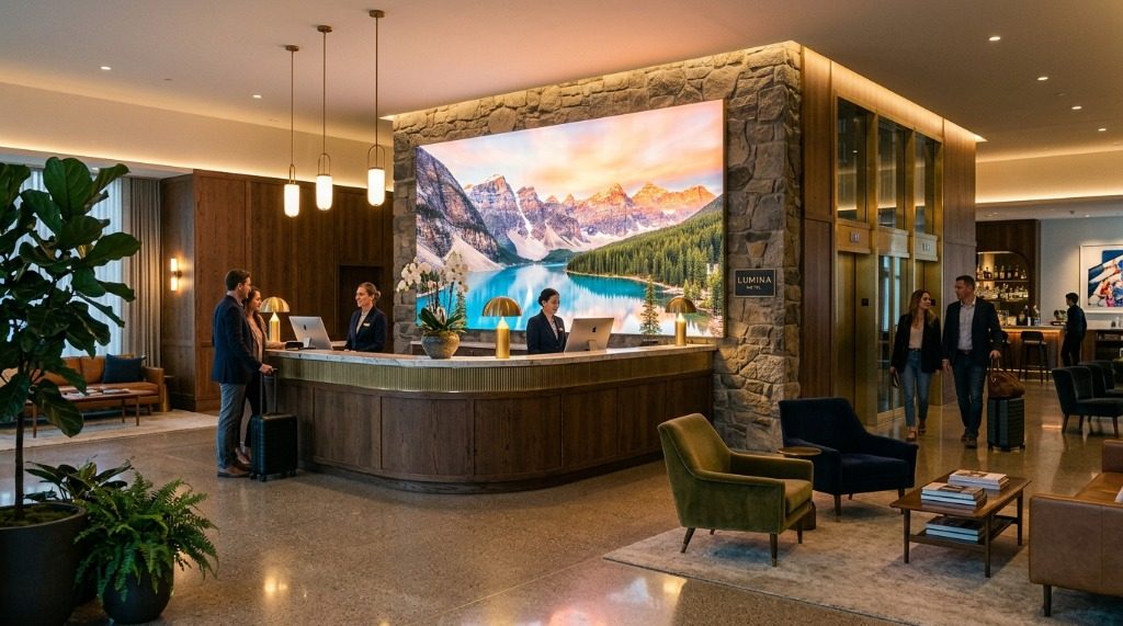 Illuminated Duratrans photographic landscape lightbox display behind luxury hotel reception desk