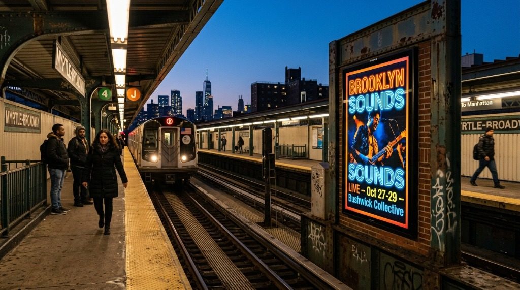 Outdoor weather-proof illuminated Duratrans backlit poster at Brooklyn Myrtle-Broadway subway station